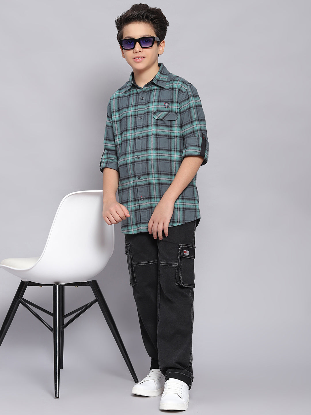 Boys Green Check Spread Collar Full Sleeve Shirts