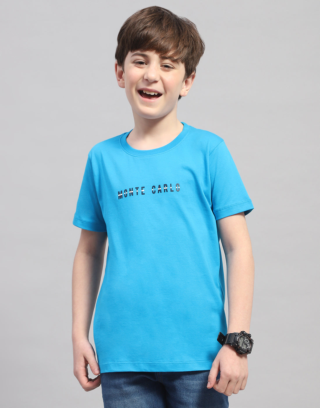 Boys Turquoise Blue Printed Round Neck Half Sleeve T-Shirt