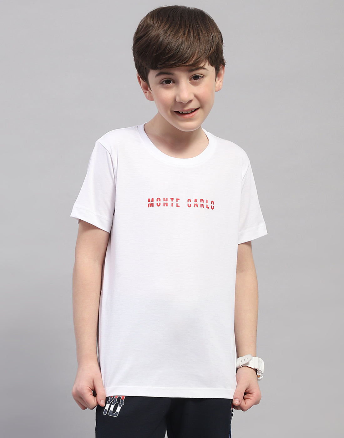 Boys White Printed Round Neck Half Sleeve T-Shirt