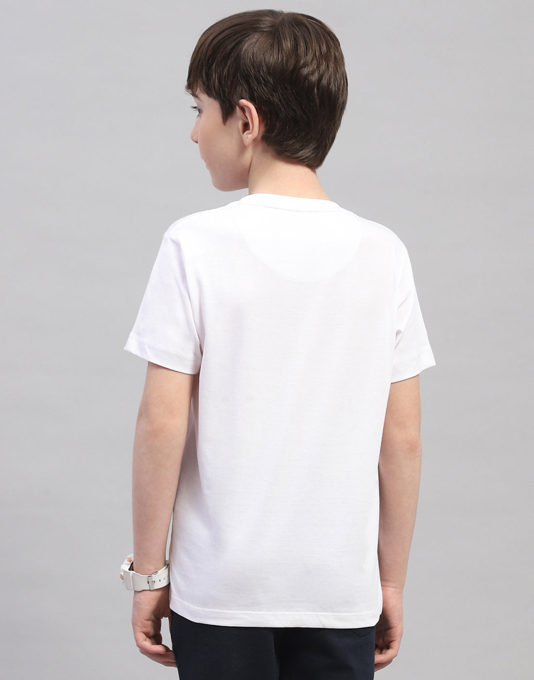 Boys White Printed Round Neck Half Sleeve T-Shirt