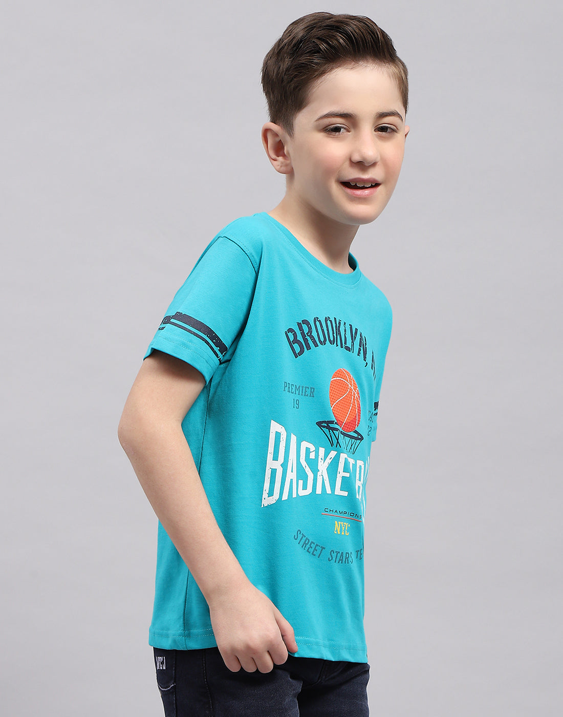 Boys Turquoise Blue Printed Round Neck Half Sleeve T-Shirt