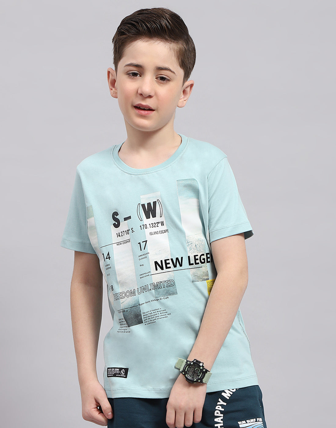 Boys Turquoise Blue Printed Round Neck Half Sleeve T-Shirt