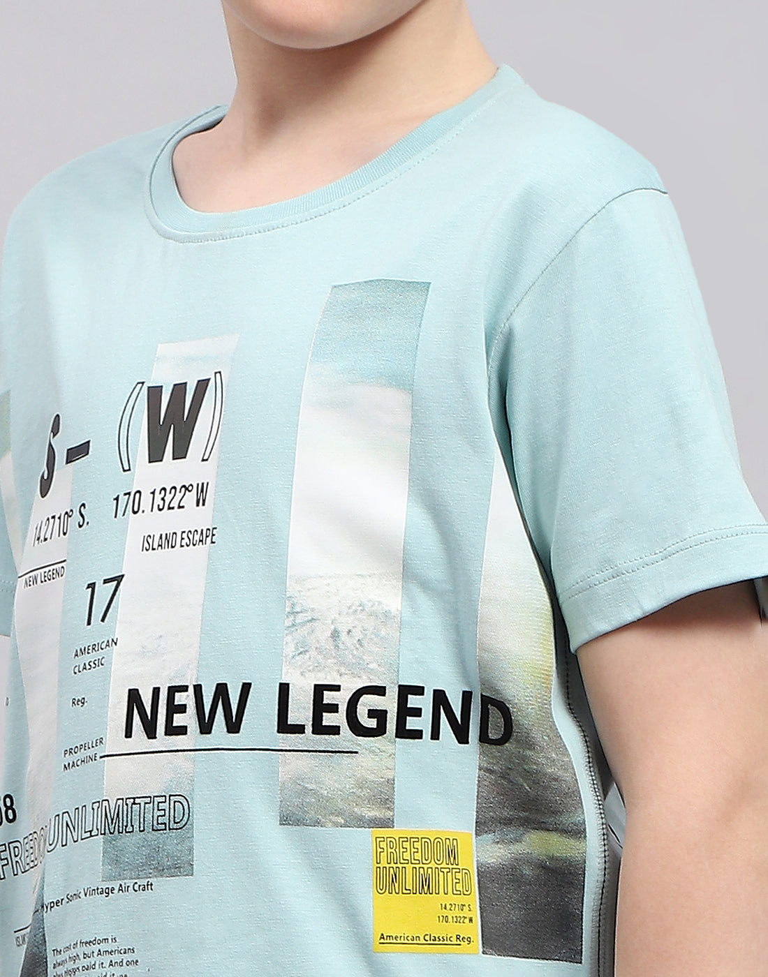 Boys Turquoise Blue Printed Round Neck Half Sleeve T-Shirt