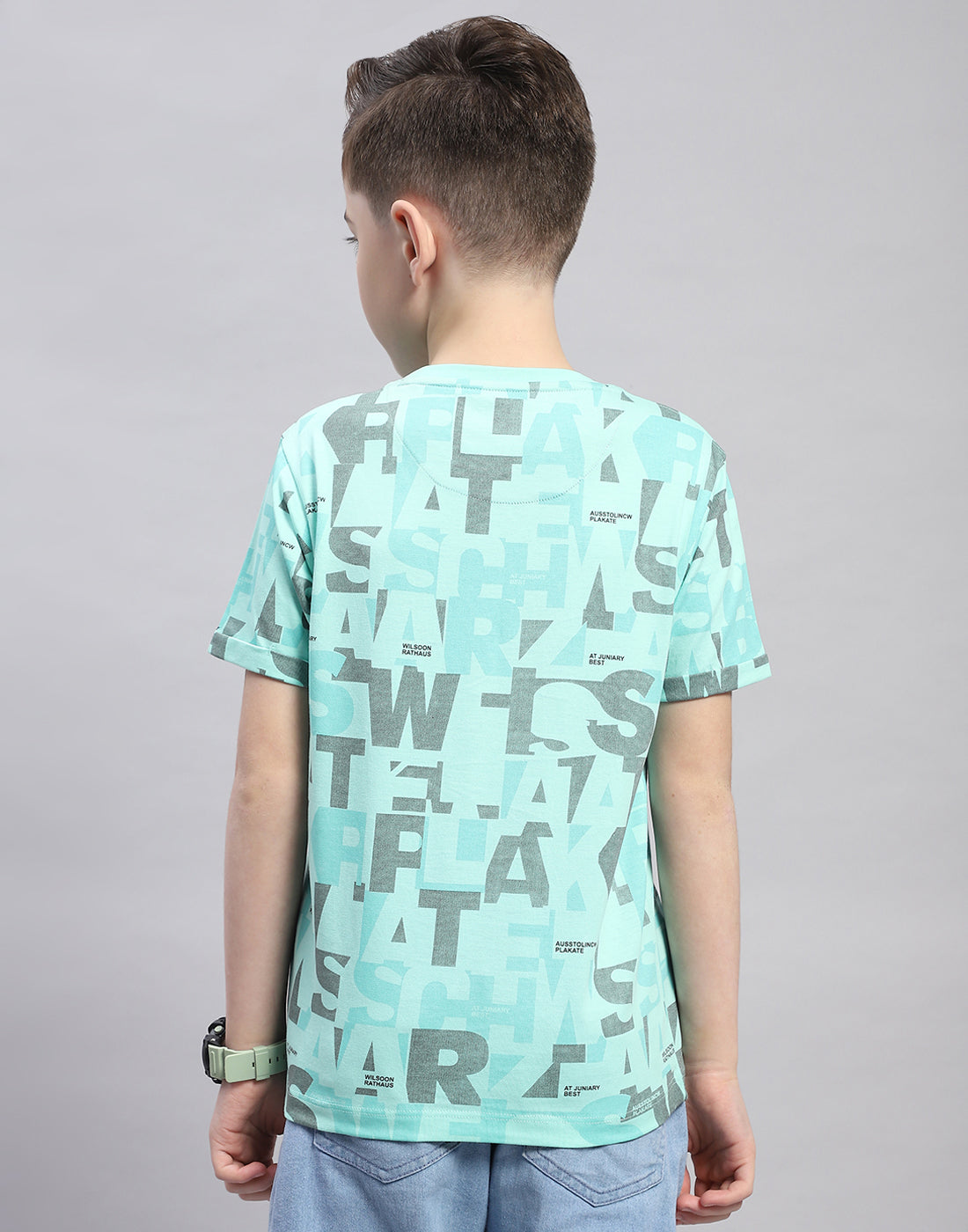 Boys Turquoise Blue Printed Round Neck Half Sleeve T-Shirt