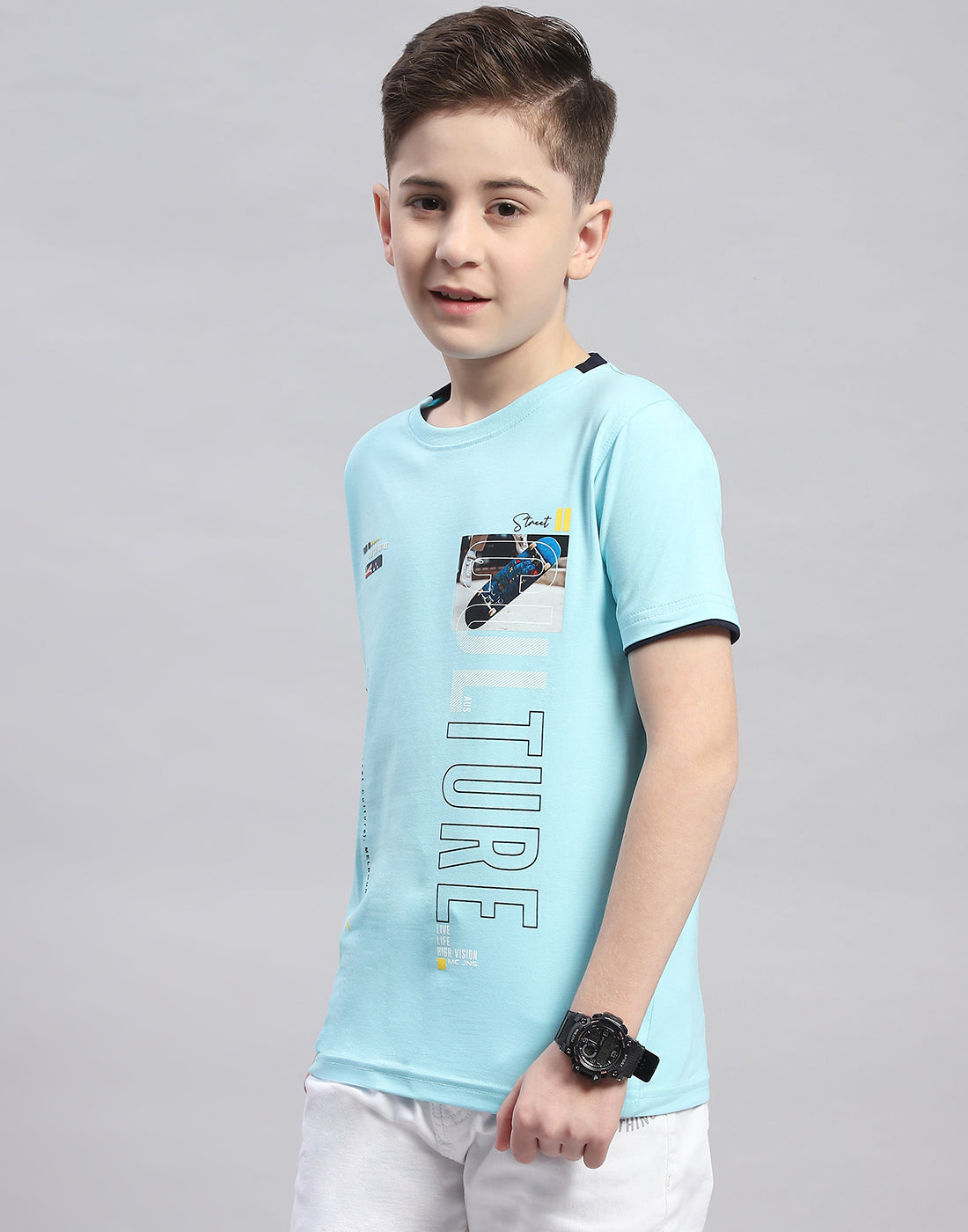 Boys Turquoise Blue Printed Round Neck Half Sleeve T-Shirt