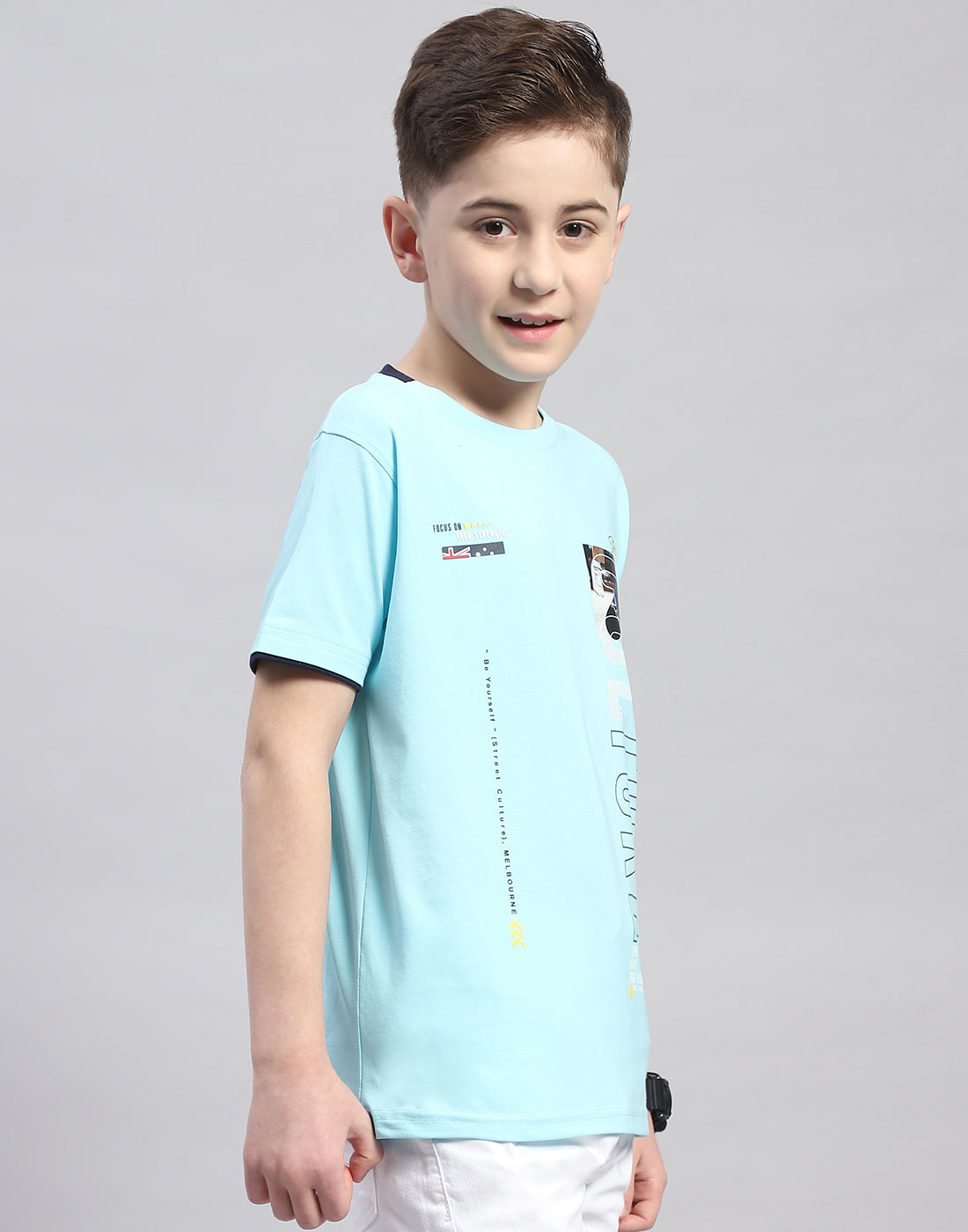 Boys Turquoise Blue Printed Round Neck Half Sleeve T-Shirt