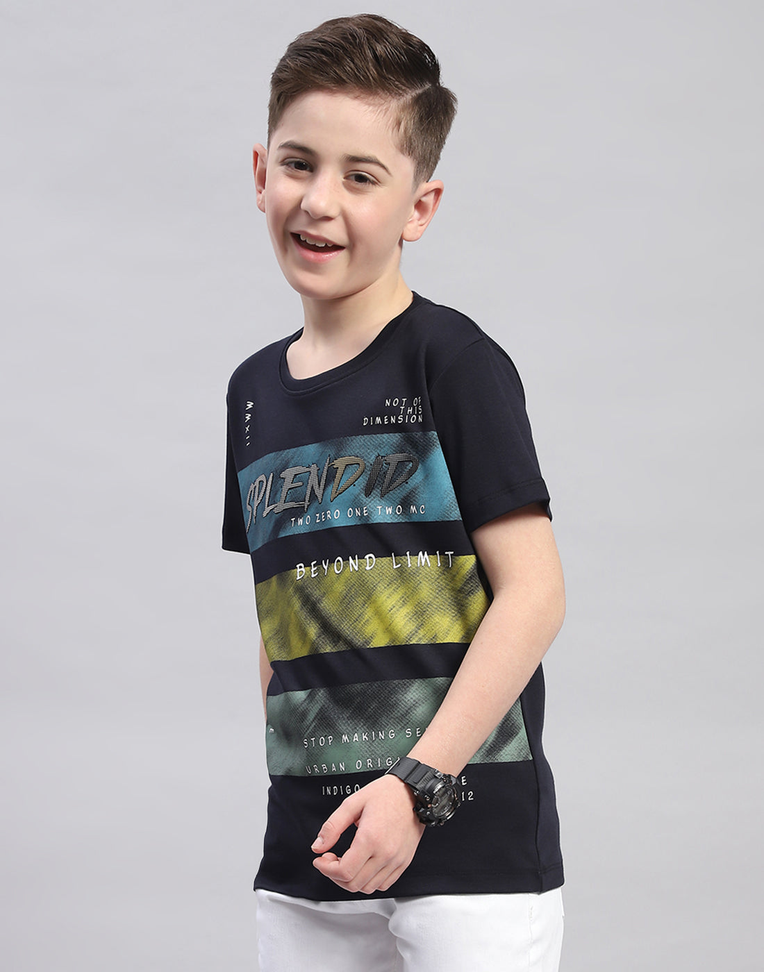 Boys Navy Blue Printed Round Neck Half Sleeve T-Shirt