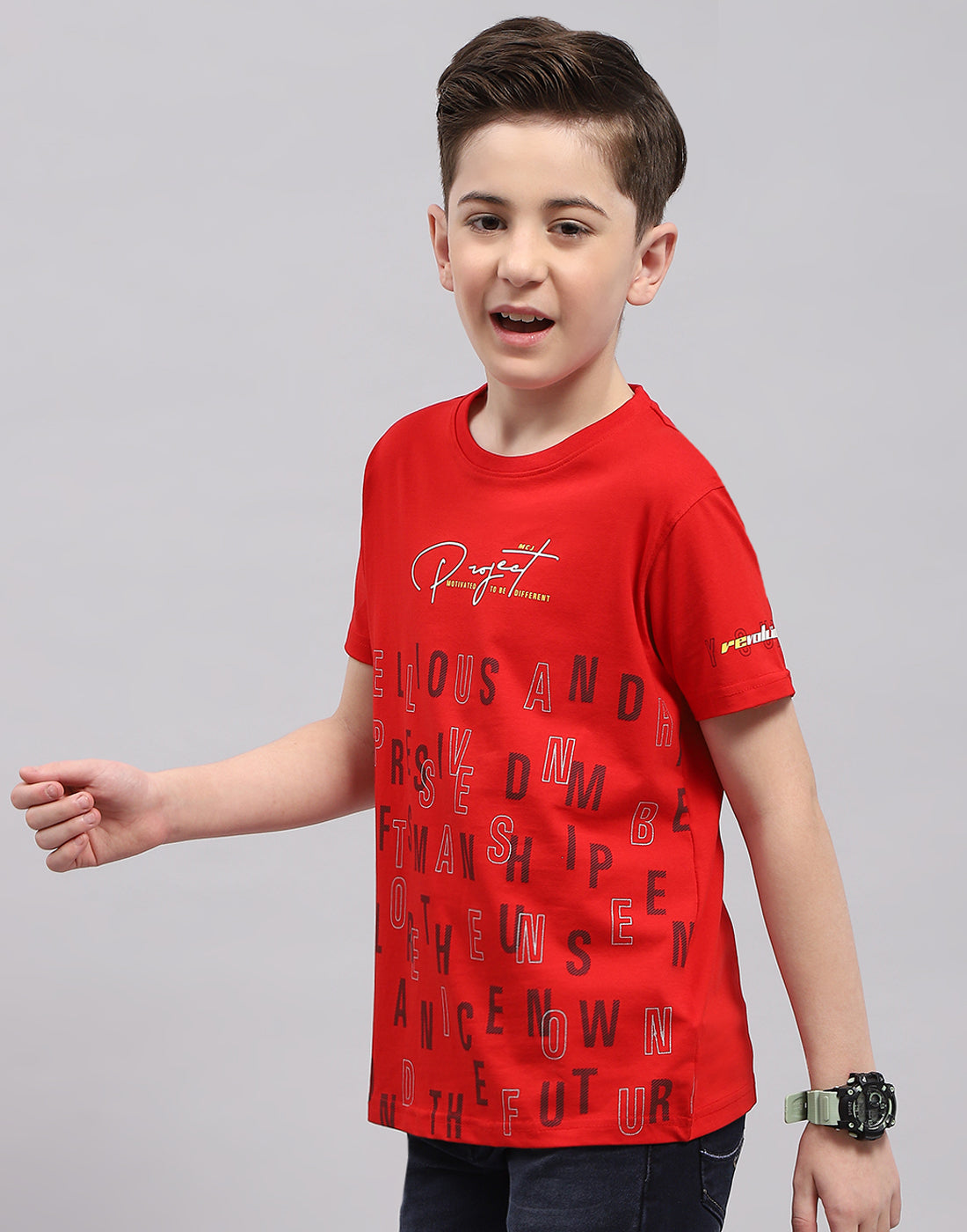 Boys Red Printed Round Neck Half Sleeve T-Shirt