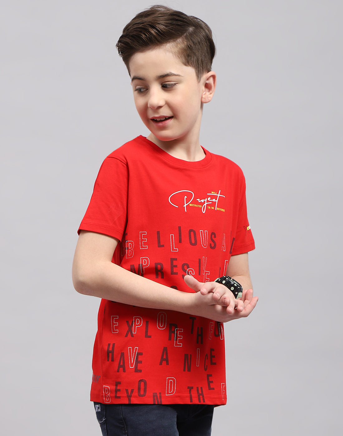 Boys Red Printed Round Neck Half Sleeve T-Shirt