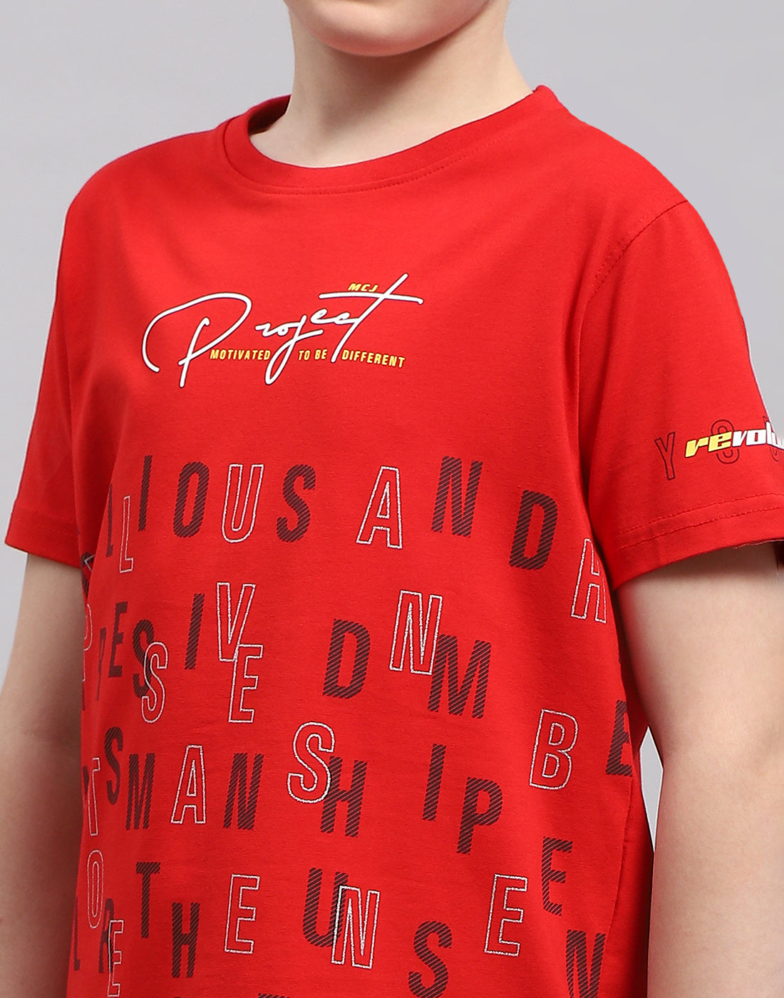 Boys Red Printed Round Neck Half Sleeve T-Shirt