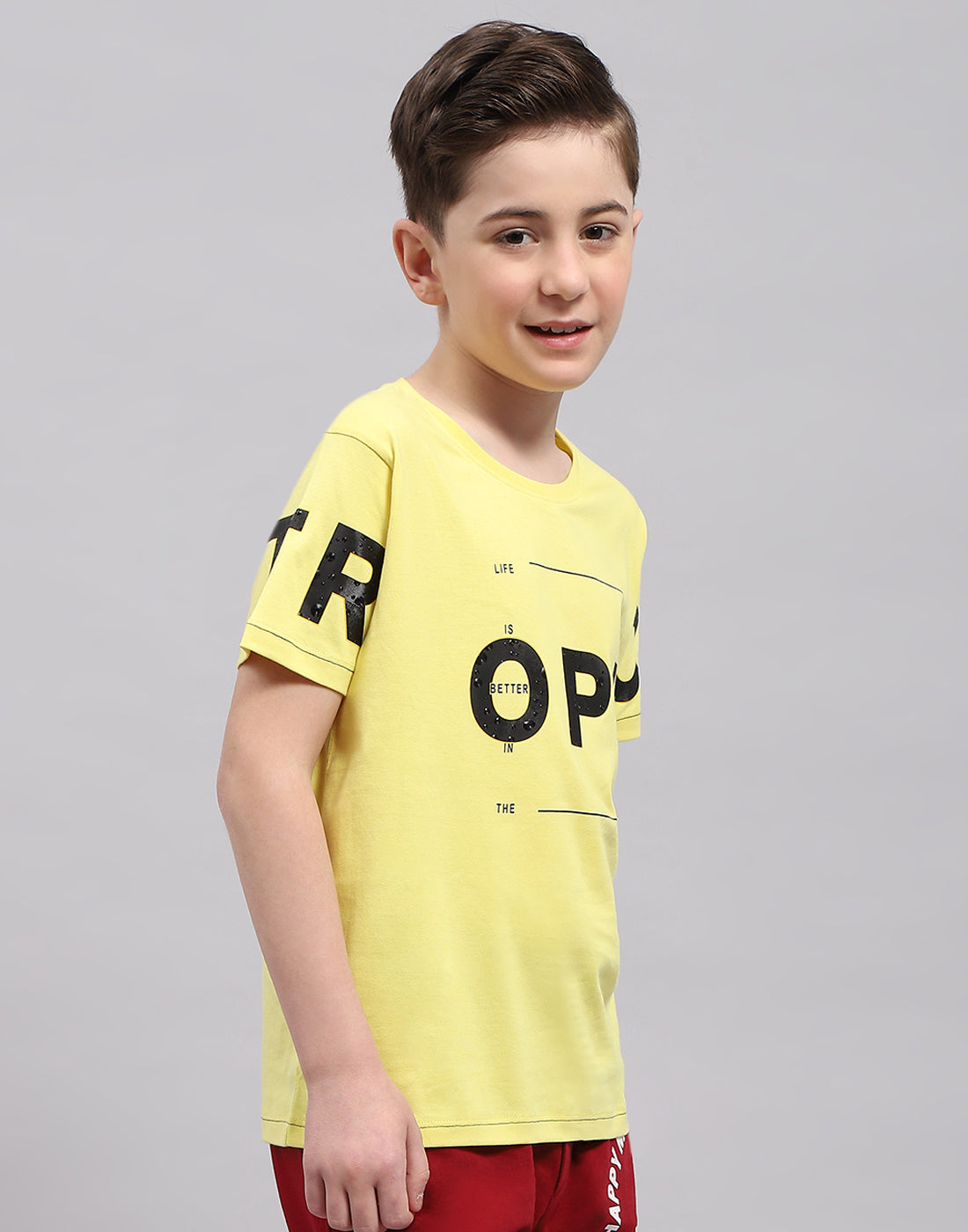 Boys Yellow Printed Round Neck Half Sleeve T-Shirt