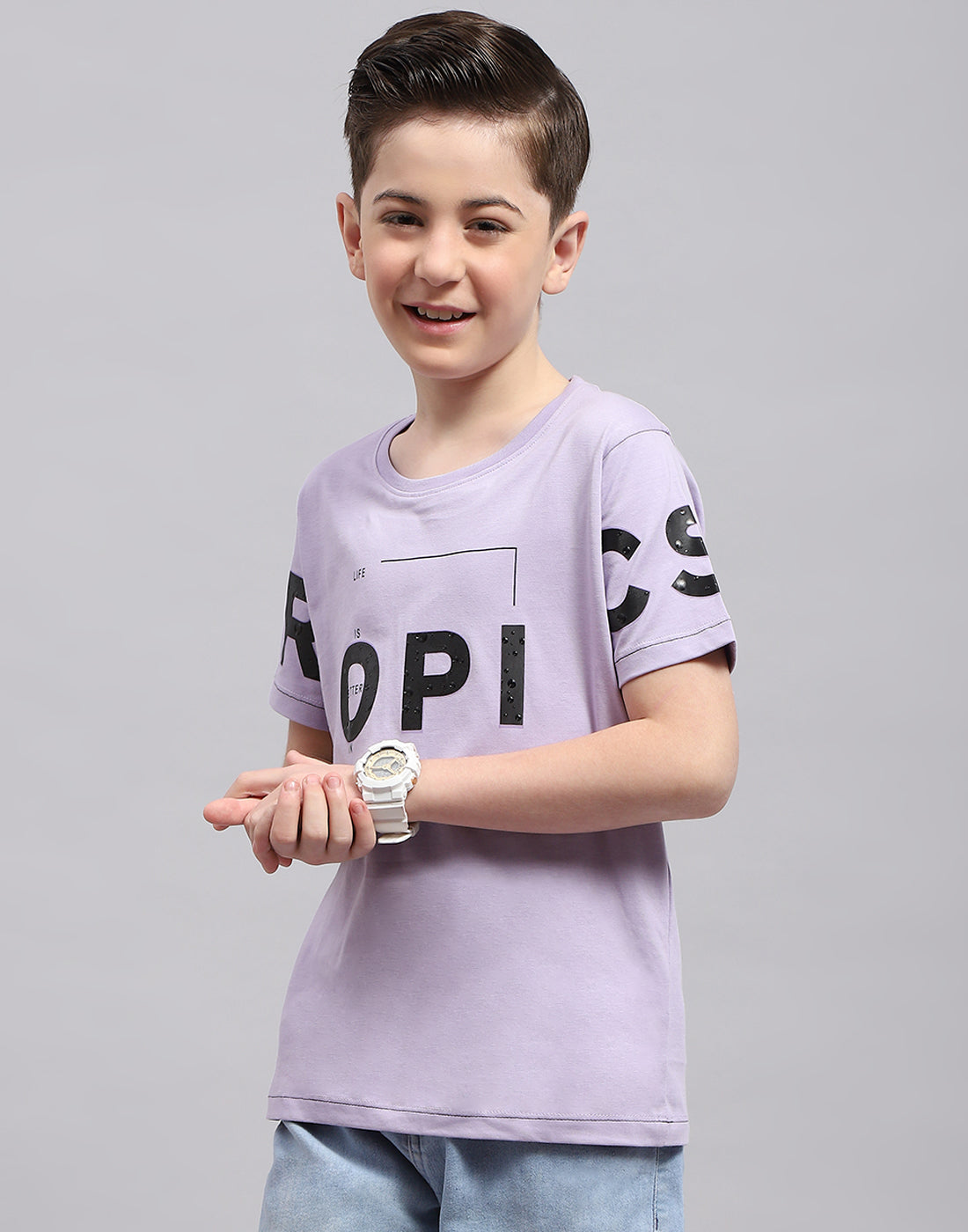 Boys Purple Printed Round Neck Half Sleeve T-Shirt