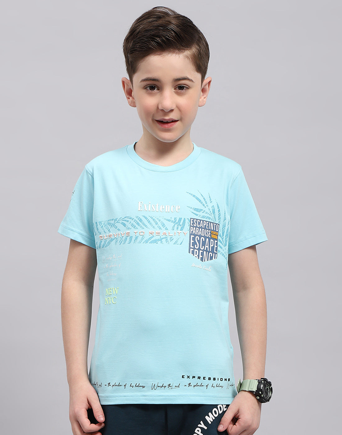 Boys Turquoise Blue Printed Round Neck Half Sleeve T-Shirt