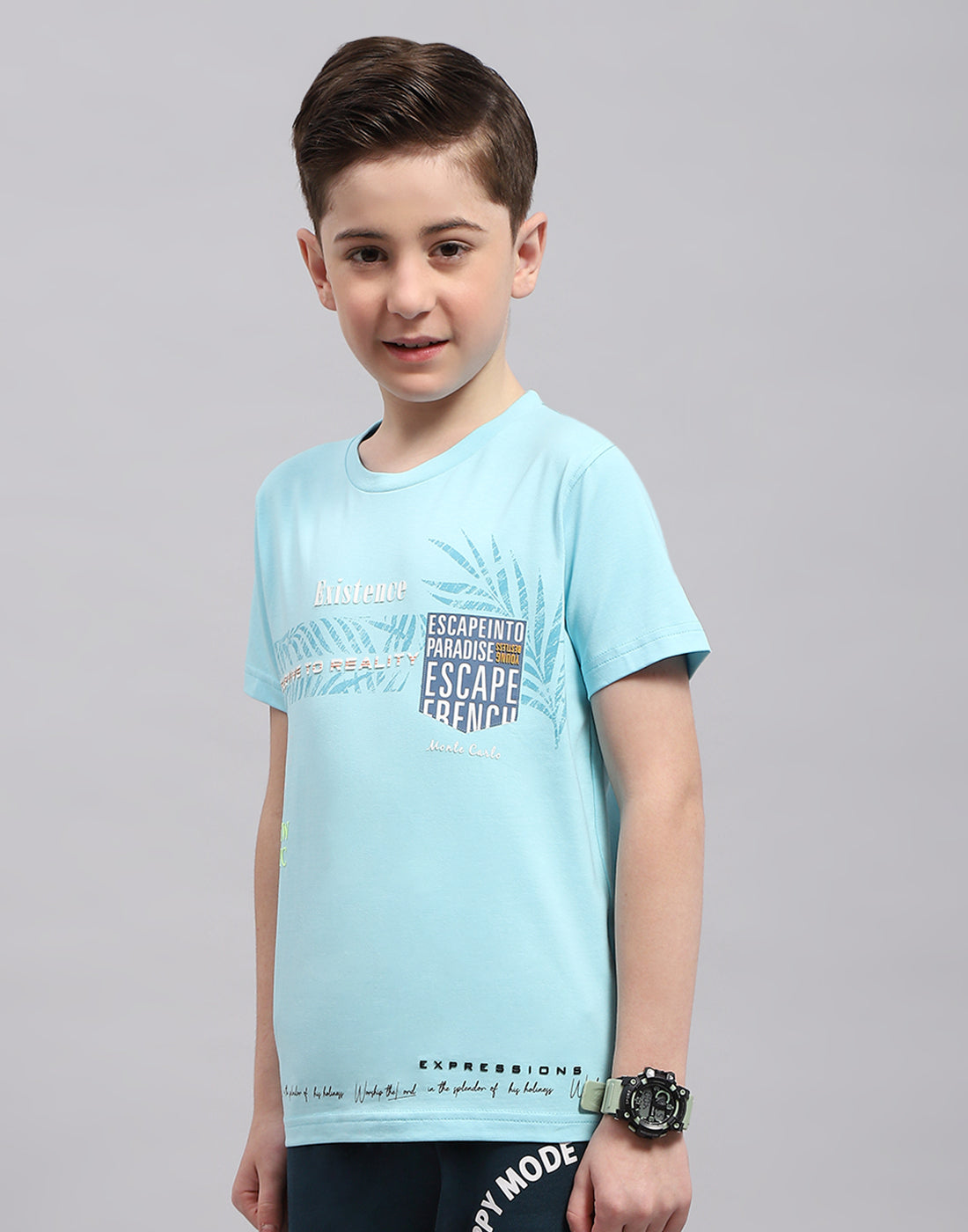 Boys Turquoise Blue Printed Round Neck Half Sleeve T-Shirt