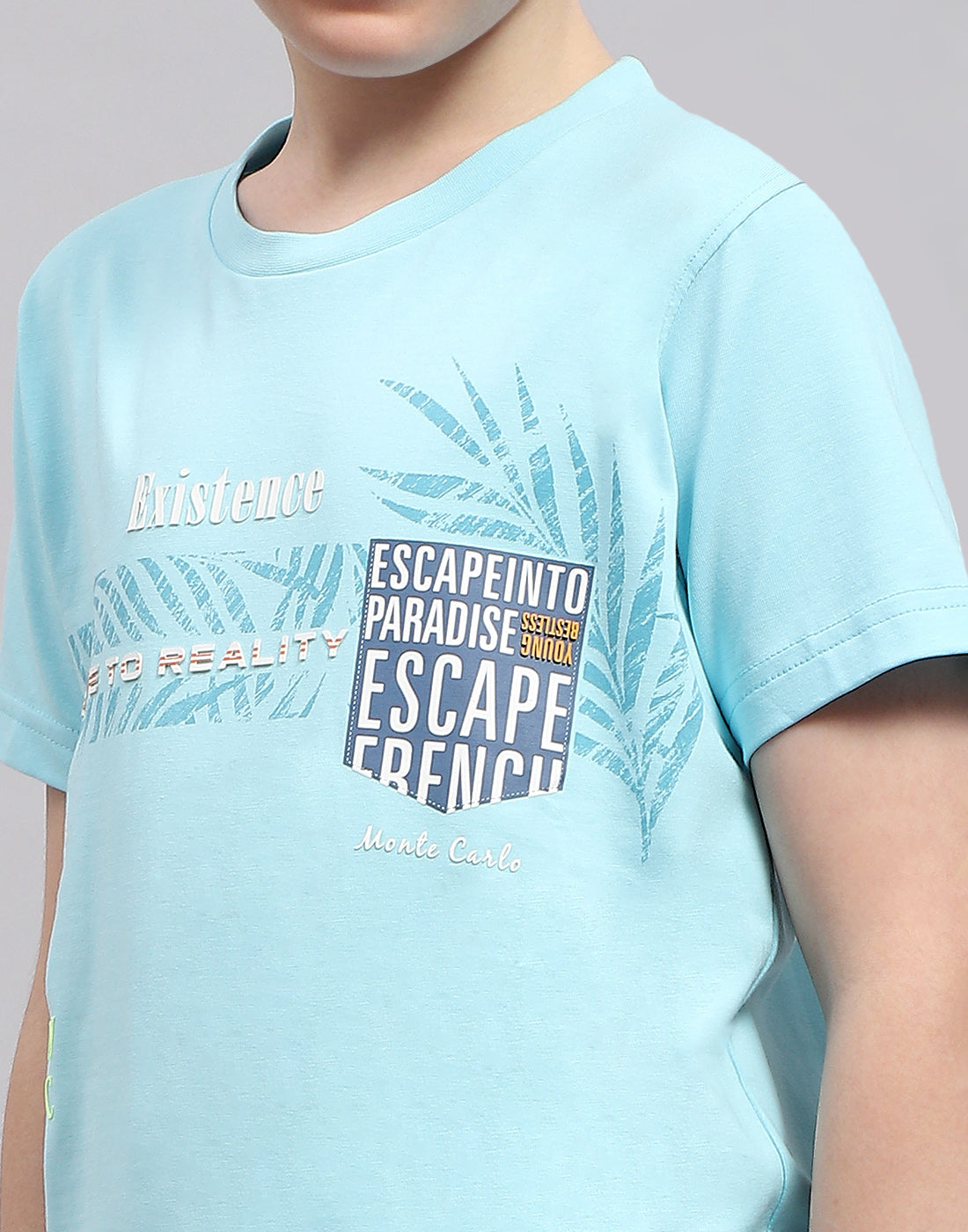 Boys Turquoise Blue Printed Round Neck Half Sleeve T-Shirt
