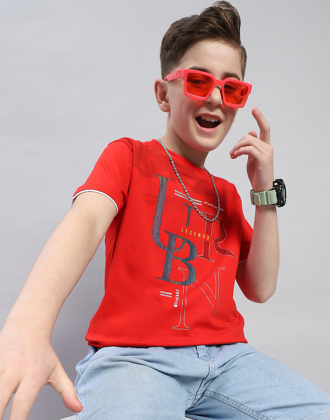 Boys Red Printed Round Neck Half Sleeve T-Shirt