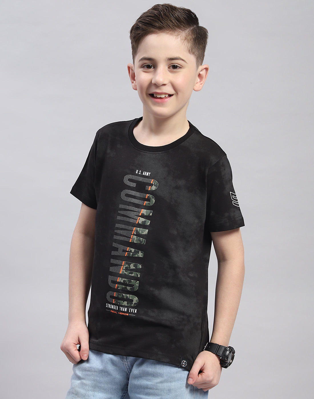 Boys Black Printed Round Neck Half Sleeve T-Shirt