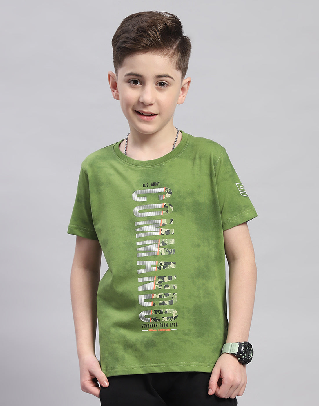 Boys Green Printed Round Neck Half Sleeve T-Shirt