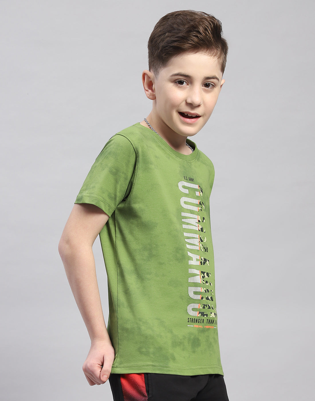Boys Green Printed Round Neck Half Sleeve T-Shirt