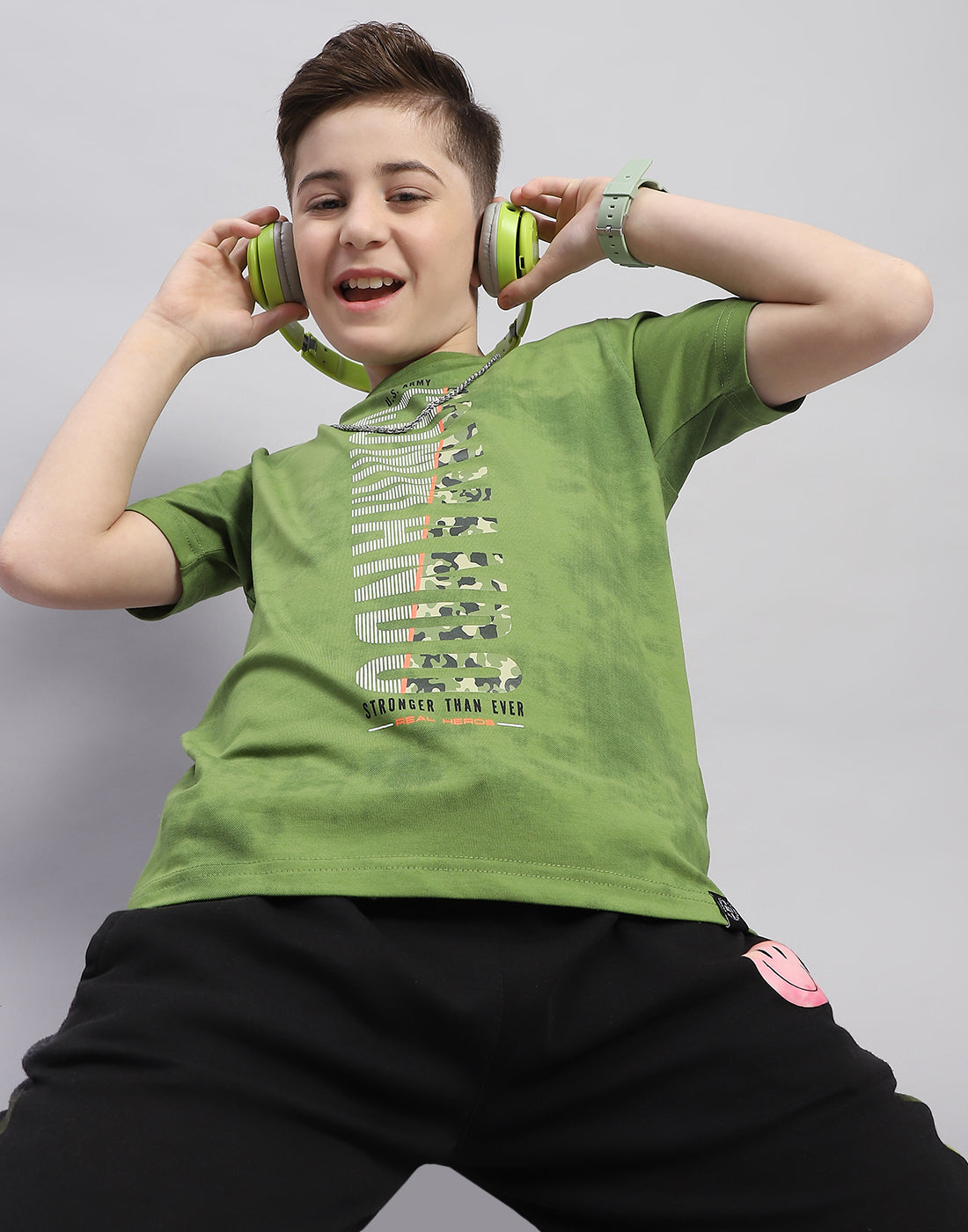 Boys Green Printed Round Neck Half Sleeve T-Shirt