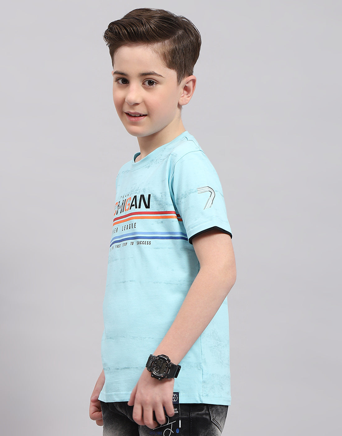 Boys Blue Printed Round Neck Half Sleeve T-Shirt