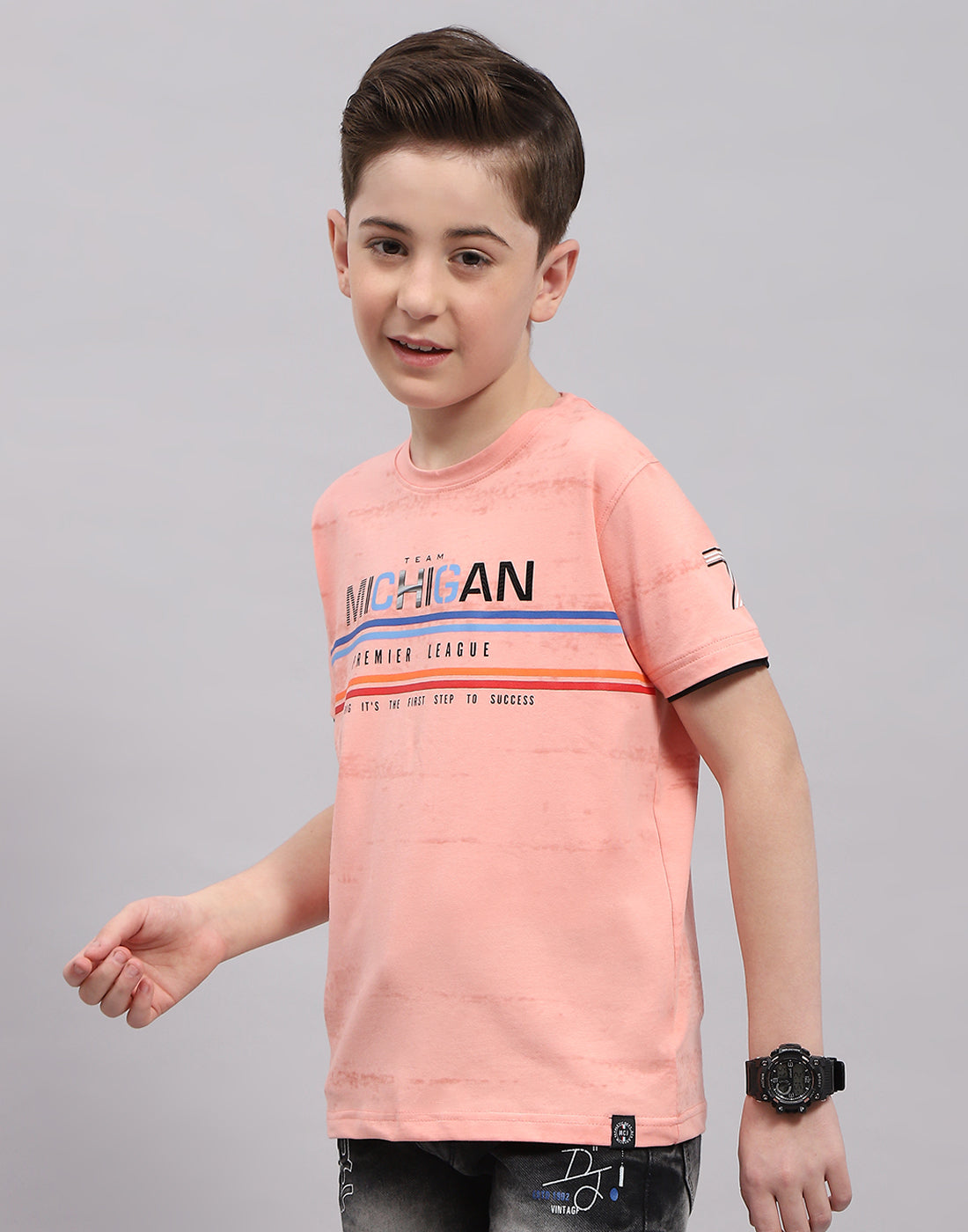 Boys Peach Printed Round Neck Half Sleeve T-Shirt