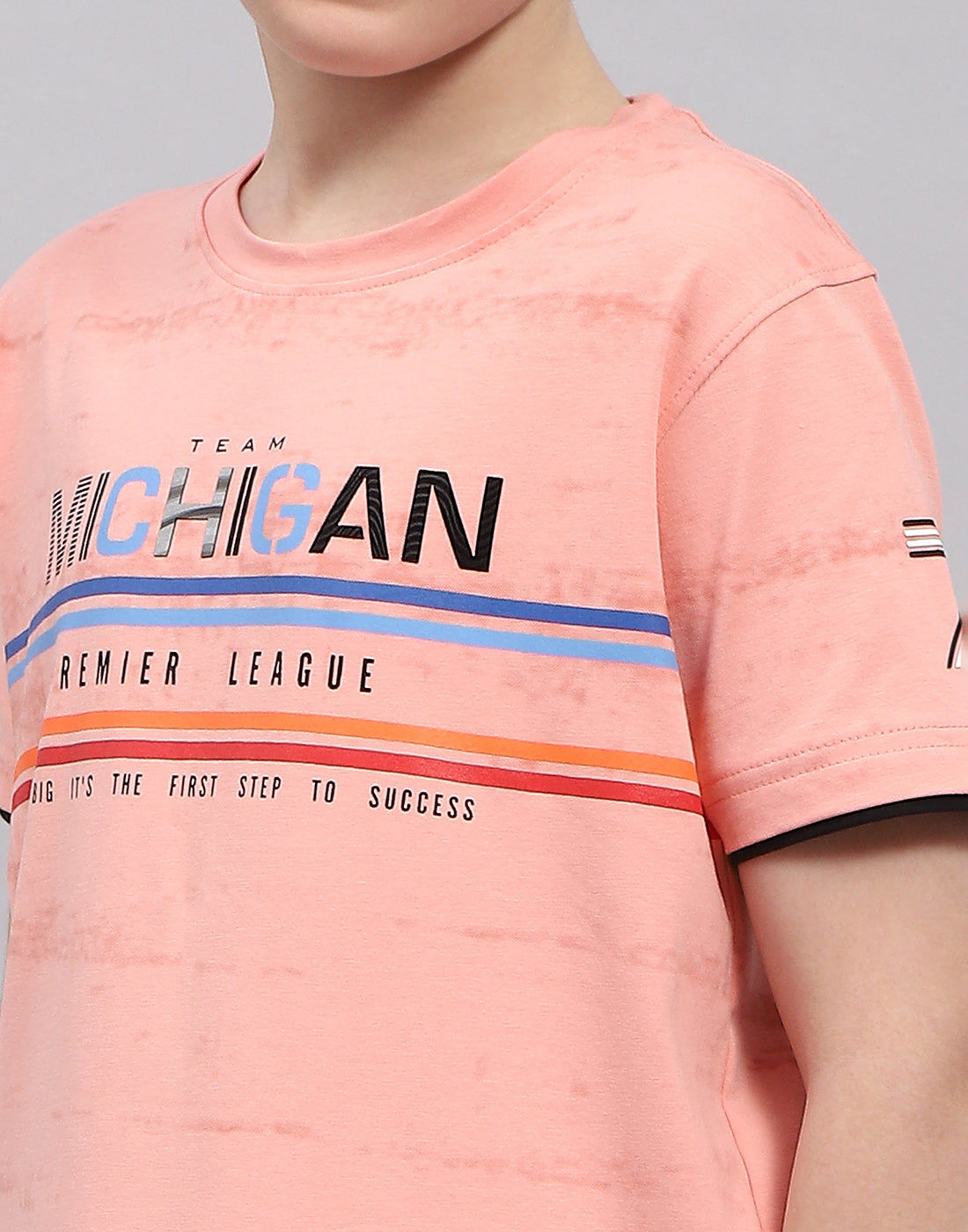 Boys Peach Printed Round Neck Half Sleeve T-Shirt