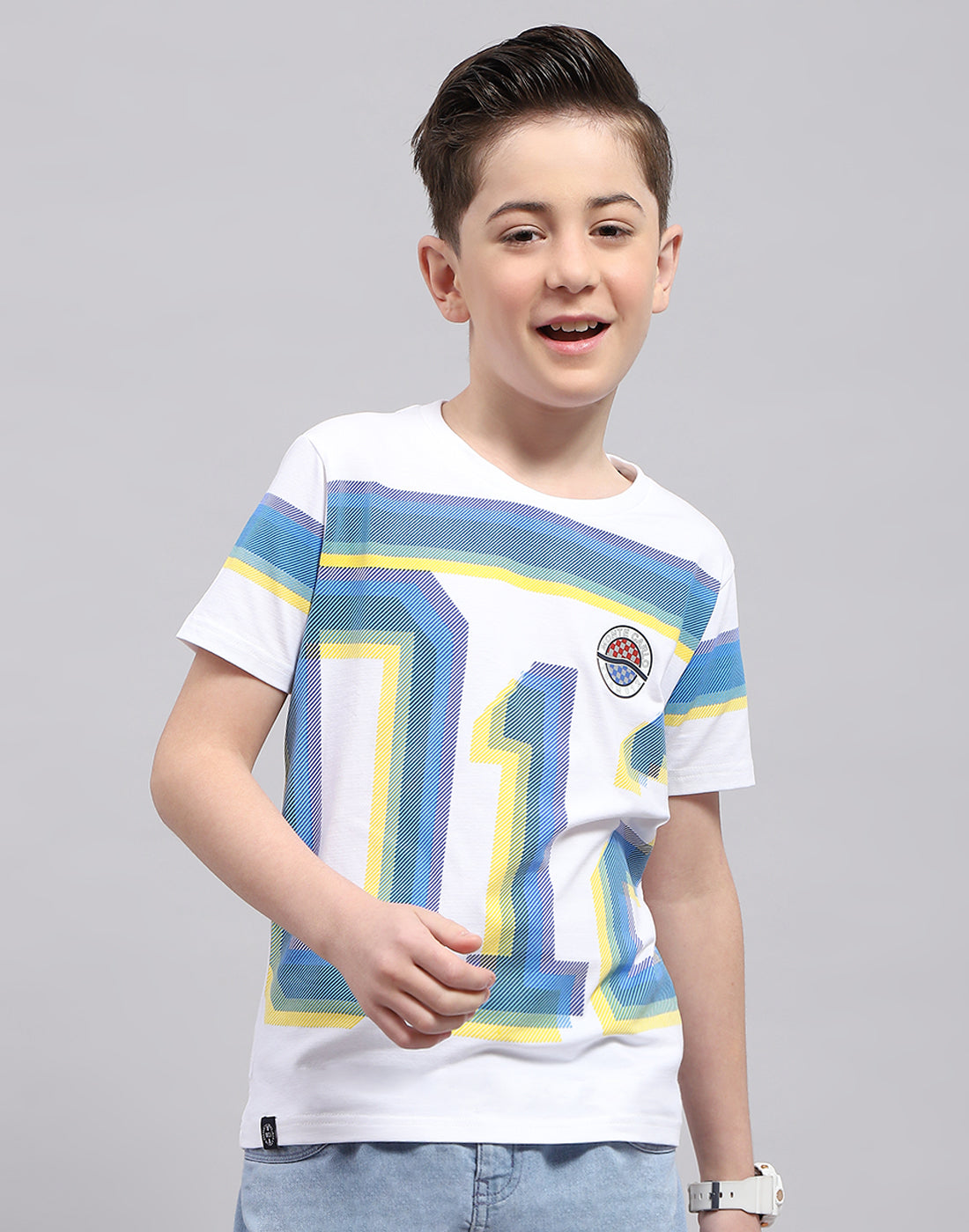 Boys White Printed Round Neck Half Sleeve T-Shirt