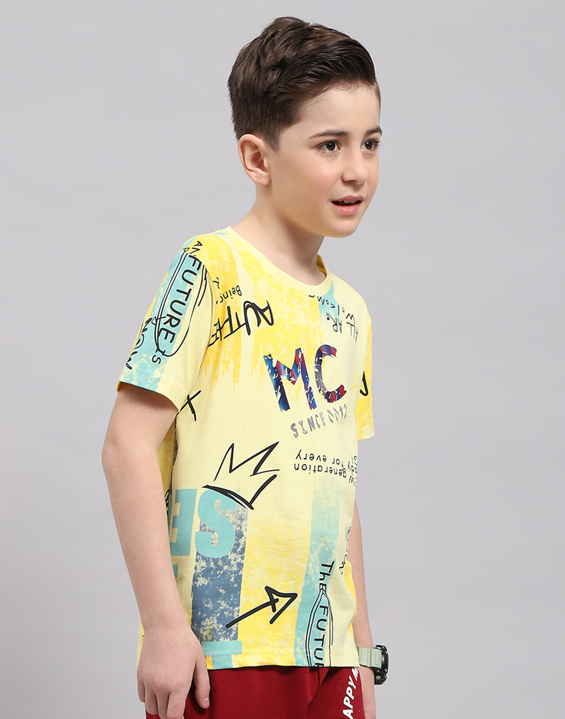 Boys Yellow Printed Round Neck Half Sleeve T-Shirt