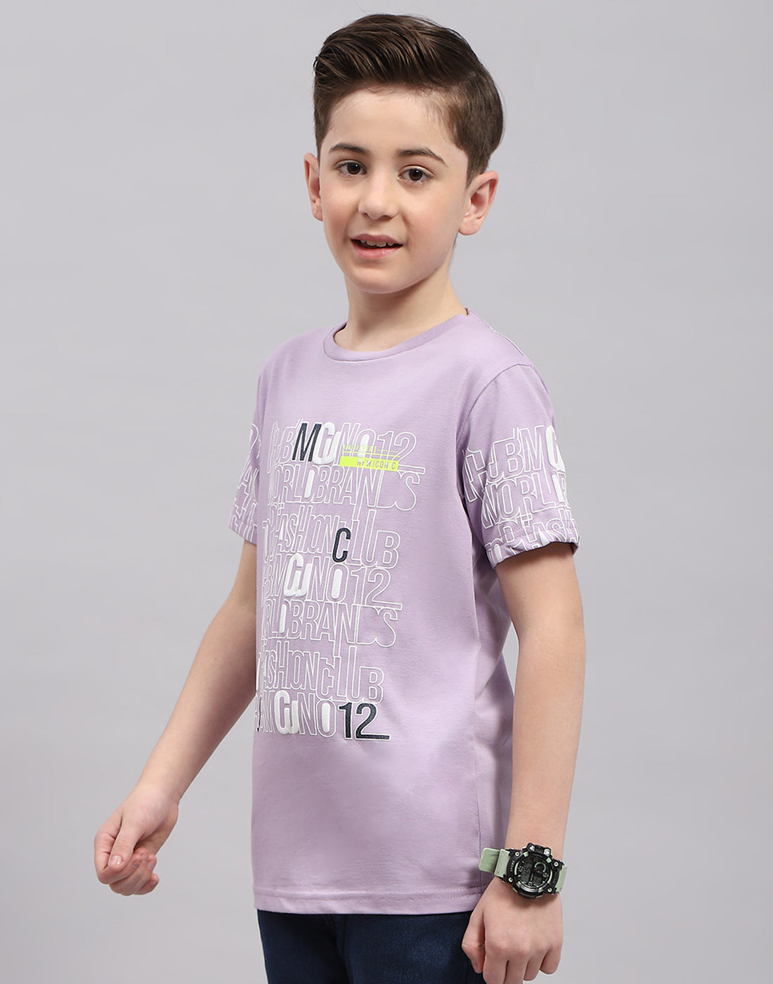 Boys Purple Printed Round Neck Half Sleeve T-Shirt