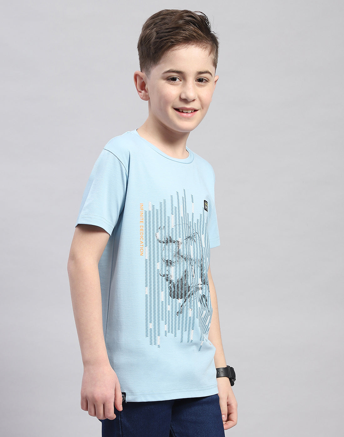 Boys Blue Printed Round Neck Half Sleeve T-Shirt