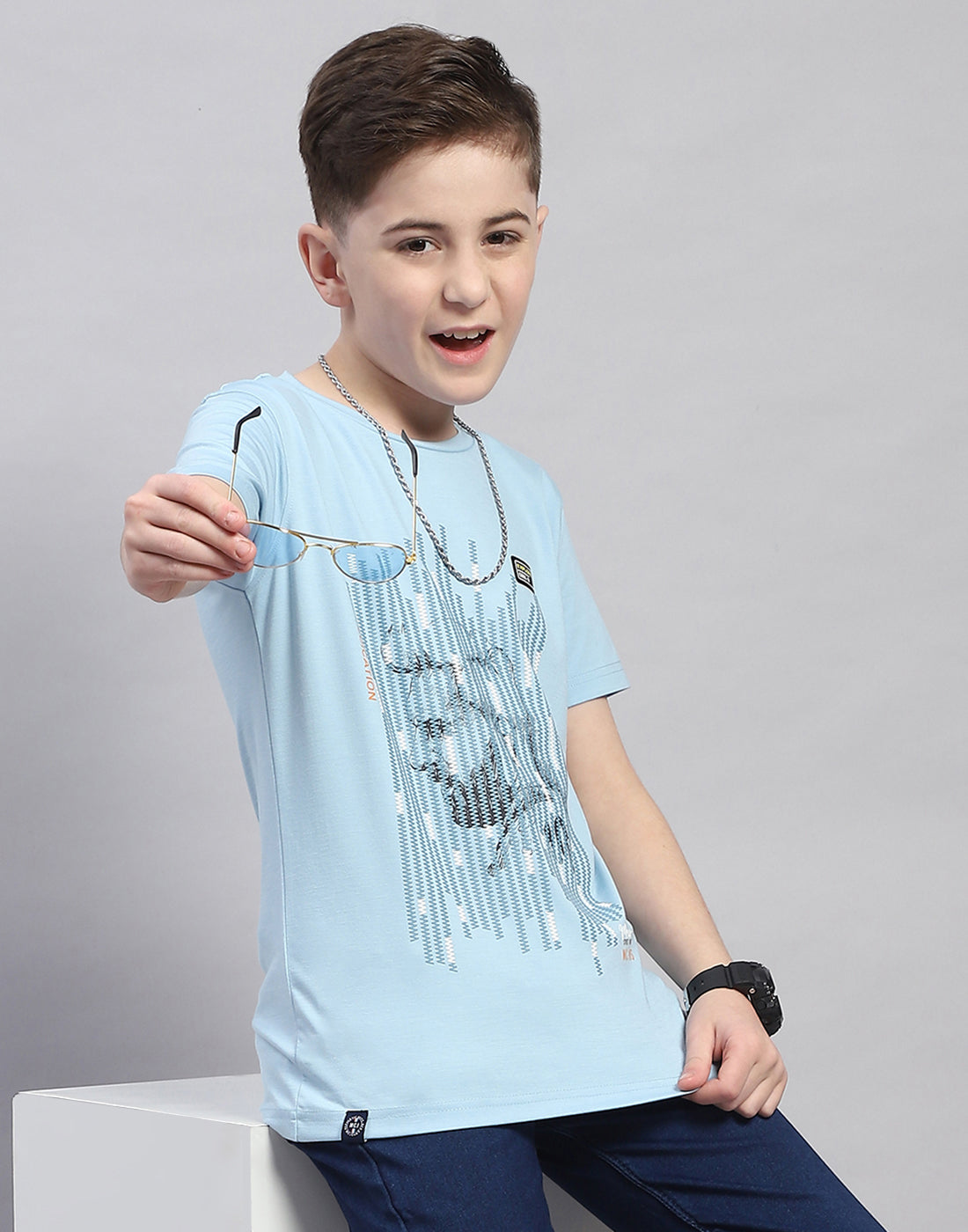 Boys Blue Printed Round Neck Half Sleeve T-Shirt