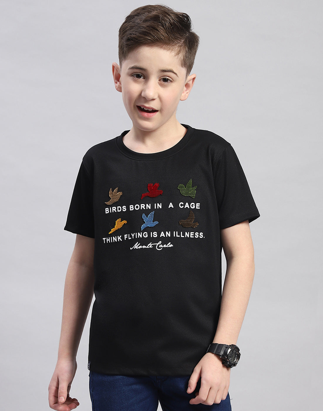 Boys Black Printed Round Neck Half Sleeve T-Shirt