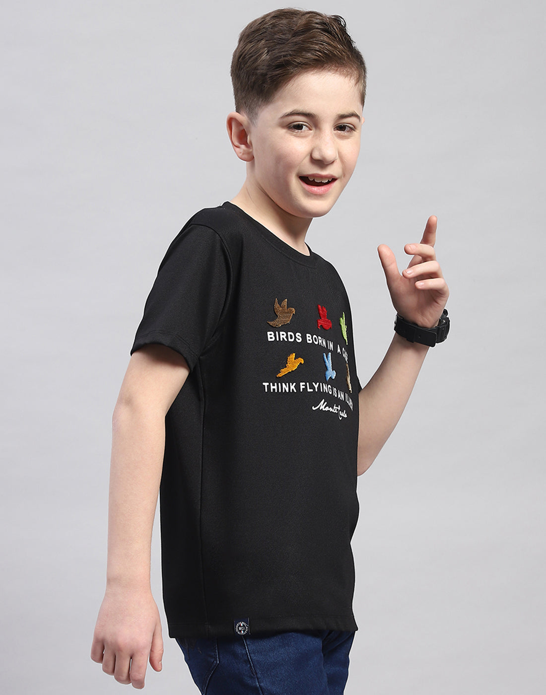 Boys Black Printed Round Neck Half Sleeve T-Shirt