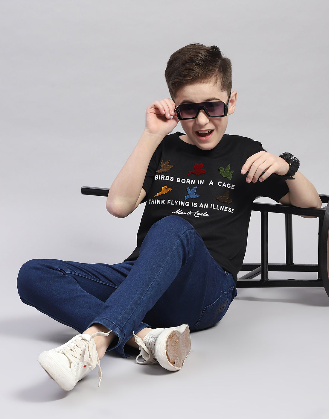 Boys Black Printed Round Neck Half Sleeve T-Shirt