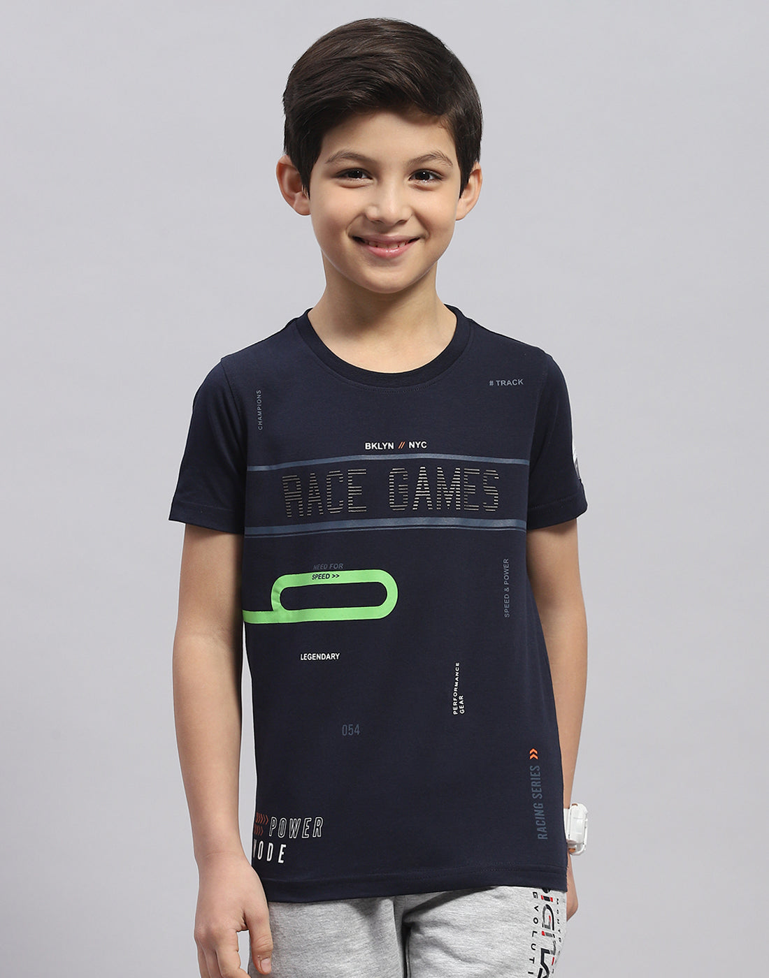 Boys Navy Blue Printed Round Neck Half Sleeve T-Shirt