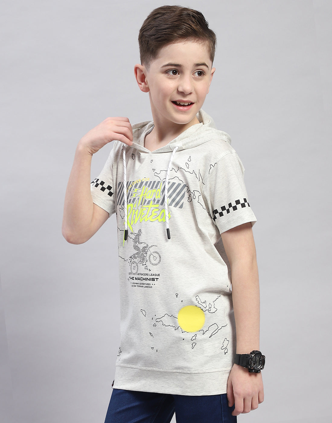 Boys Grey Printed Hooded Half Sleeve T-Shirt