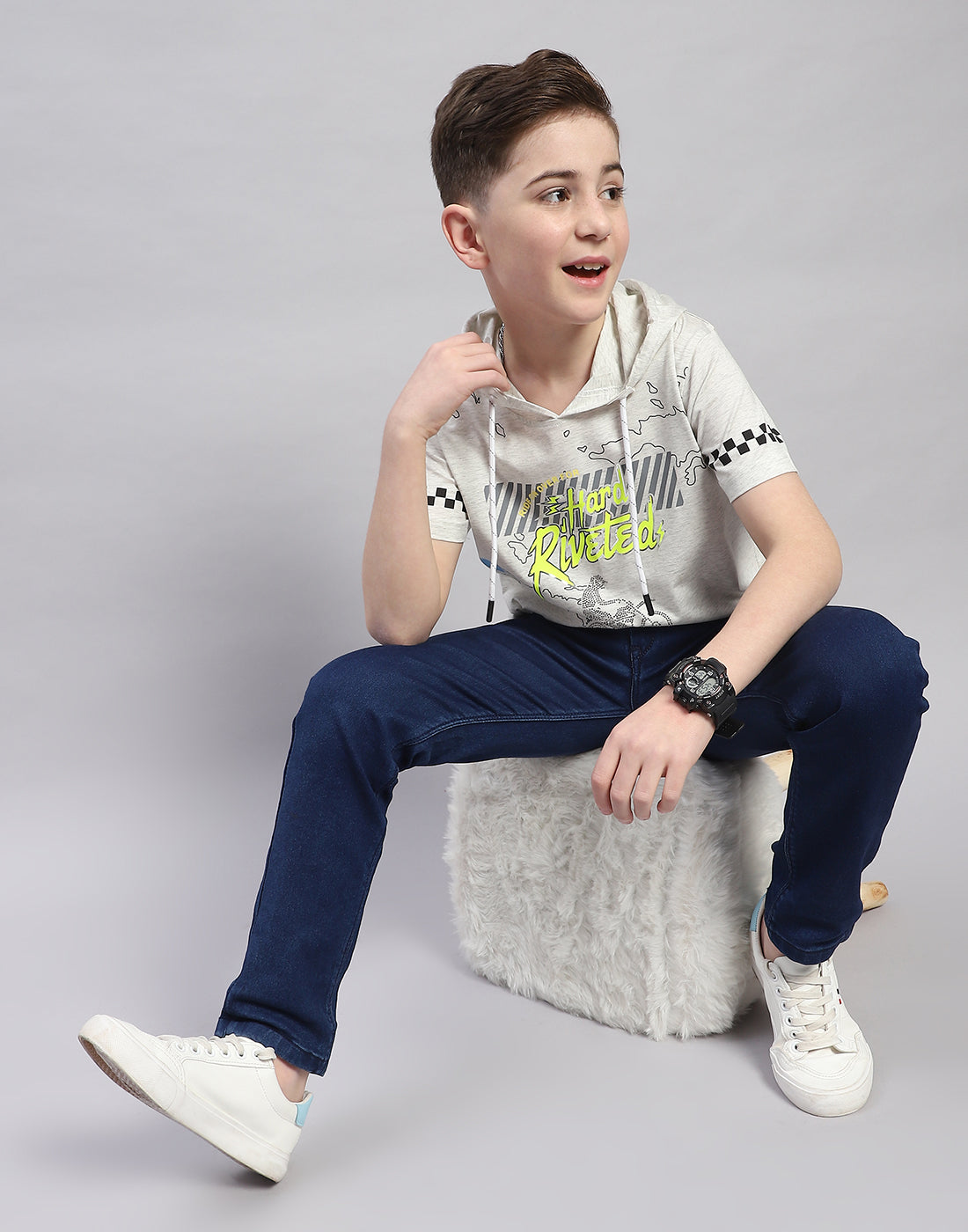 Boys Grey Printed Hooded Half Sleeve T-Shirt