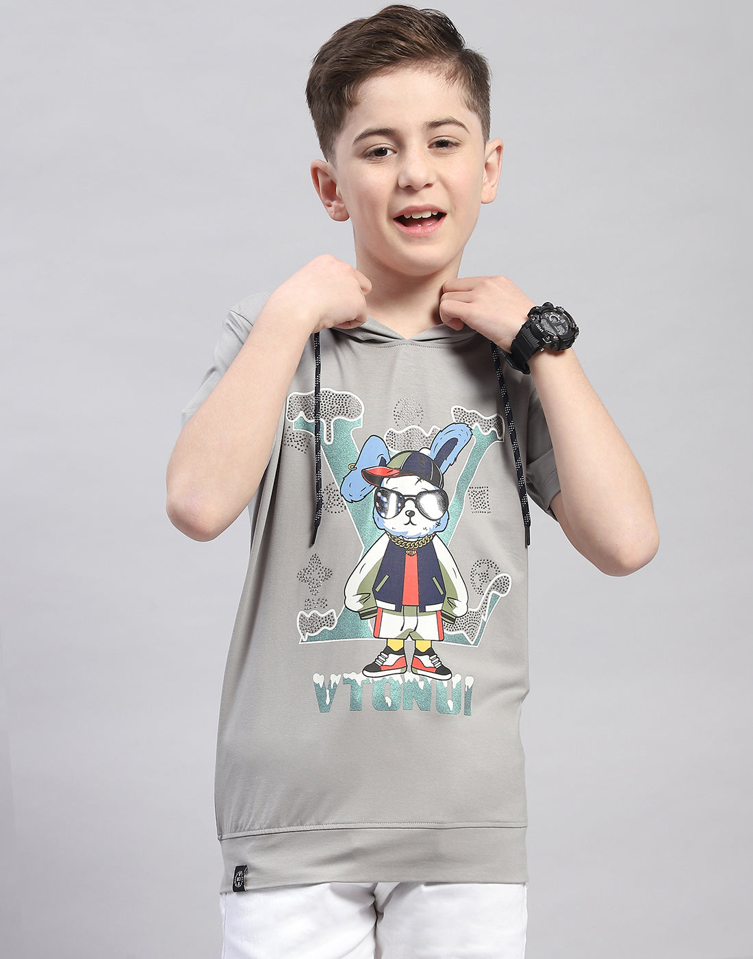 Boys Grey Printed Hooded Half Sleeve T-Shirt