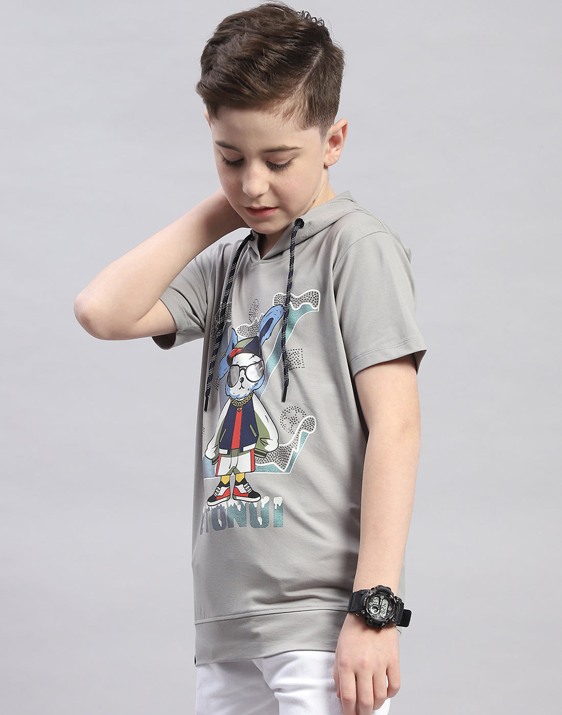 Boys Grey Printed Hooded Half Sleeve T-Shirt