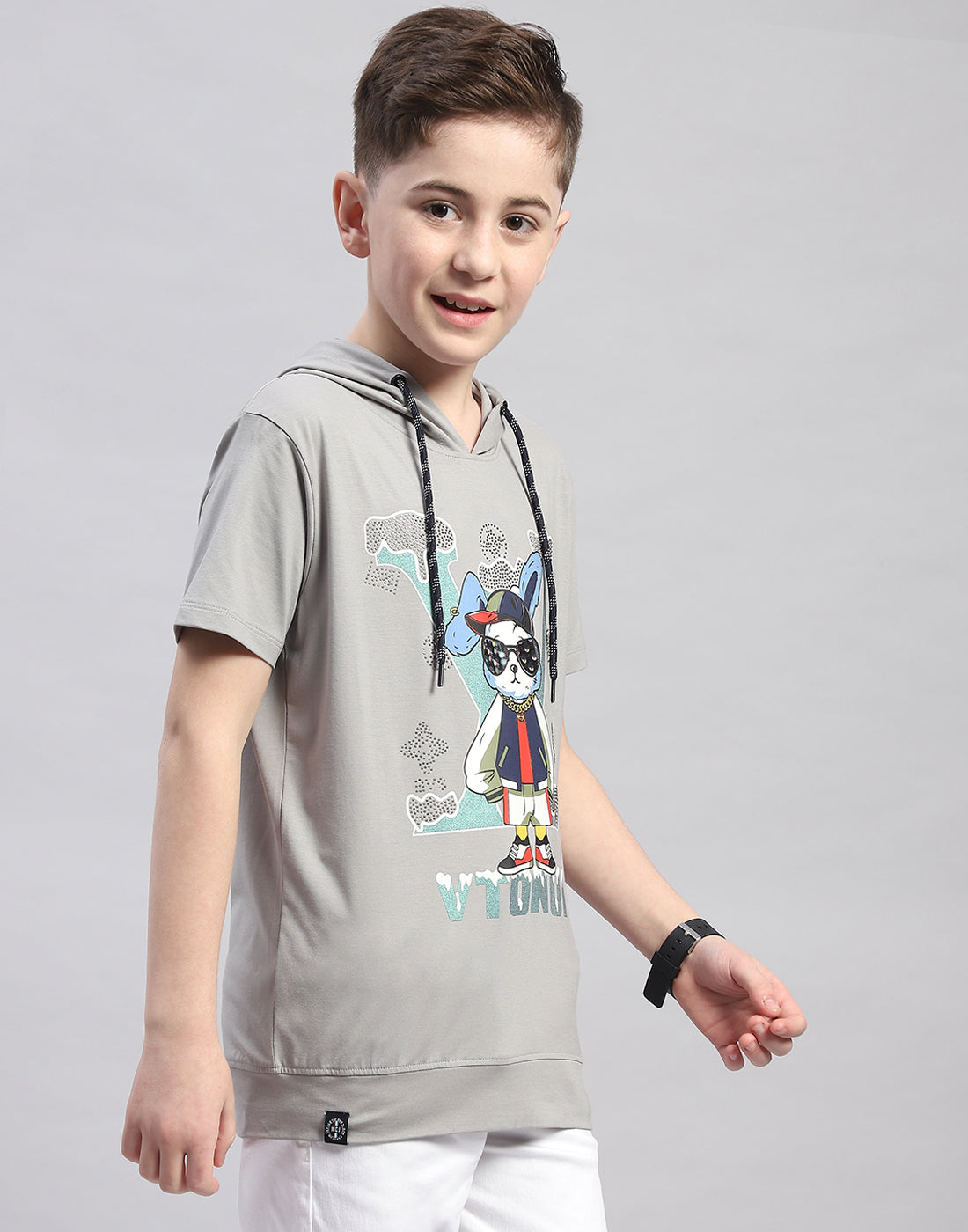 Boys Grey Printed Hooded Half Sleeve T-Shirt