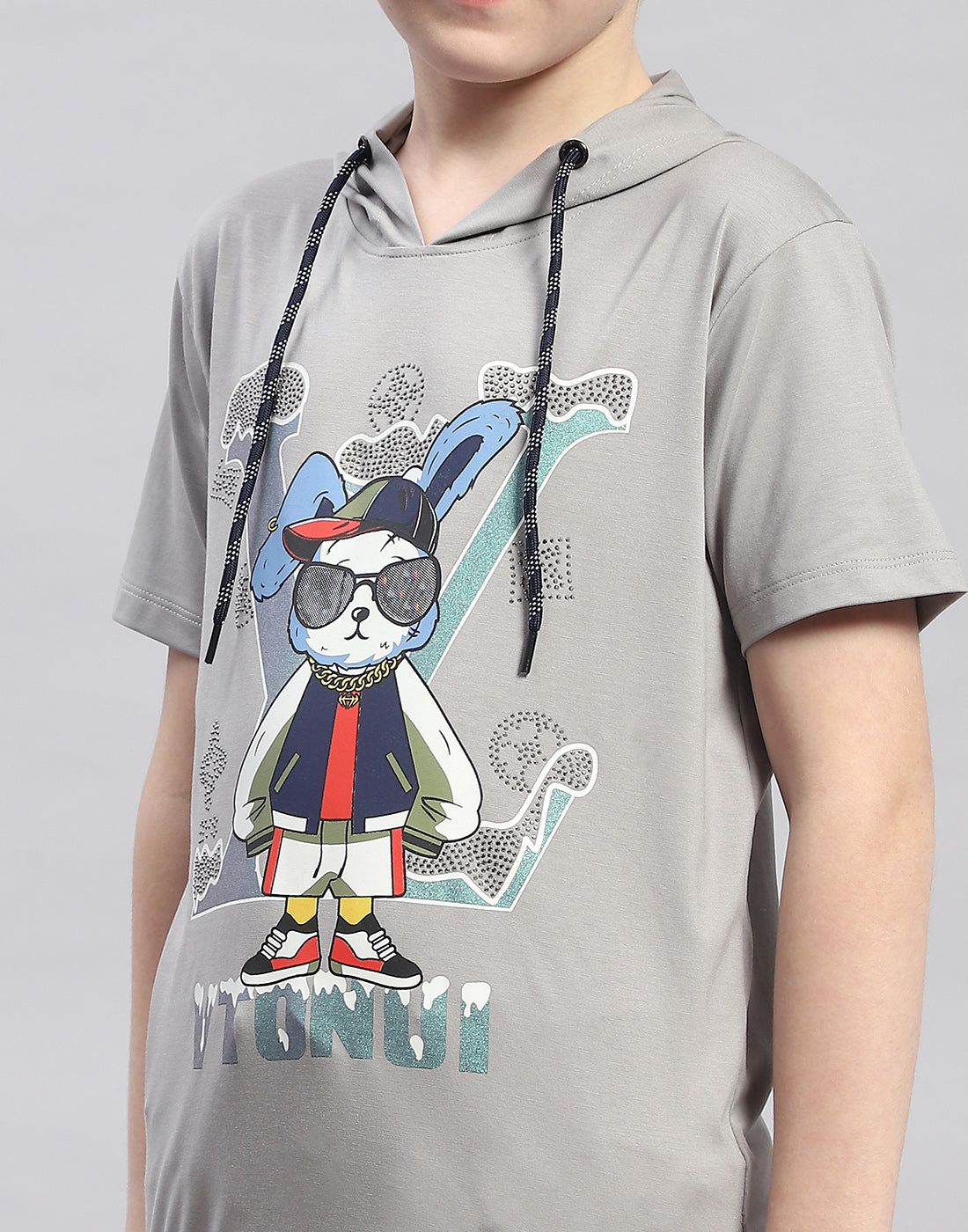 Boys Grey Printed Hooded Half Sleeve T-Shirt