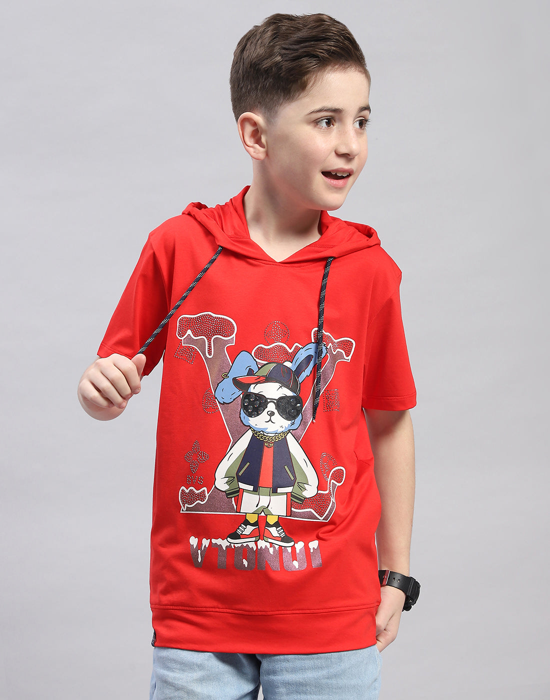 Boys Red Printed Hooded Half Sleeve T-Shirt