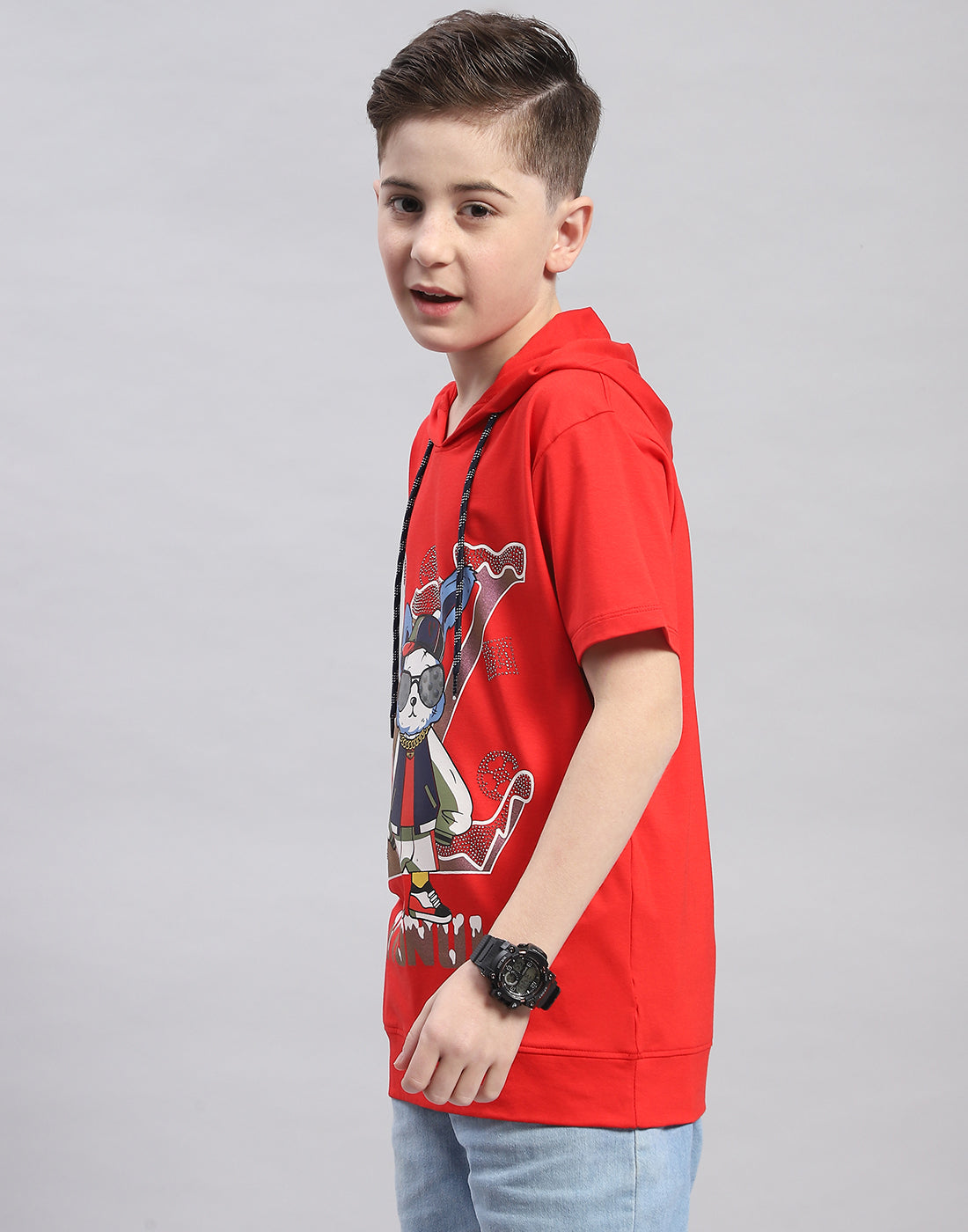 Boys Red Printed Hooded Half Sleeve T-Shirt