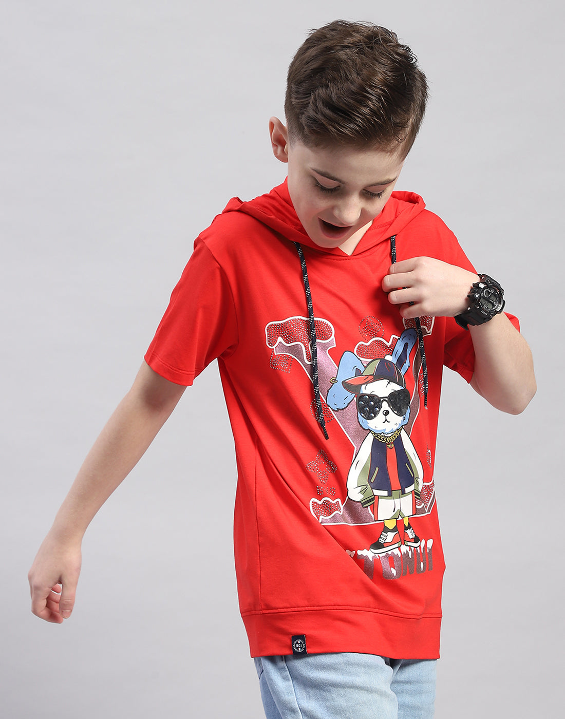 Boys Red Printed Hooded Half Sleeve T-Shirt