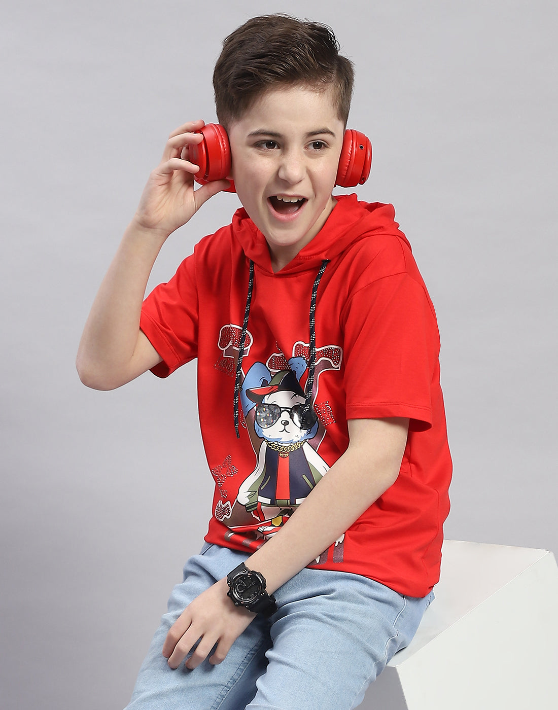 Boys Red Printed Hooded Half Sleeve T-Shirt