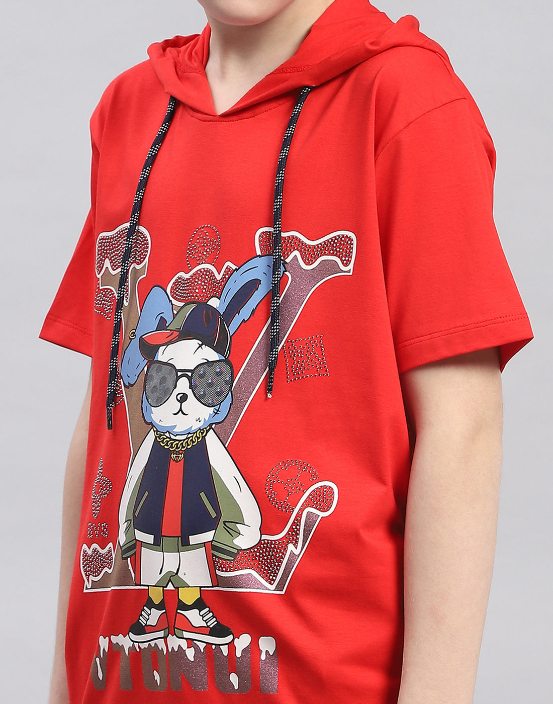 Boys Red Printed Hooded Half Sleeve T-Shirt