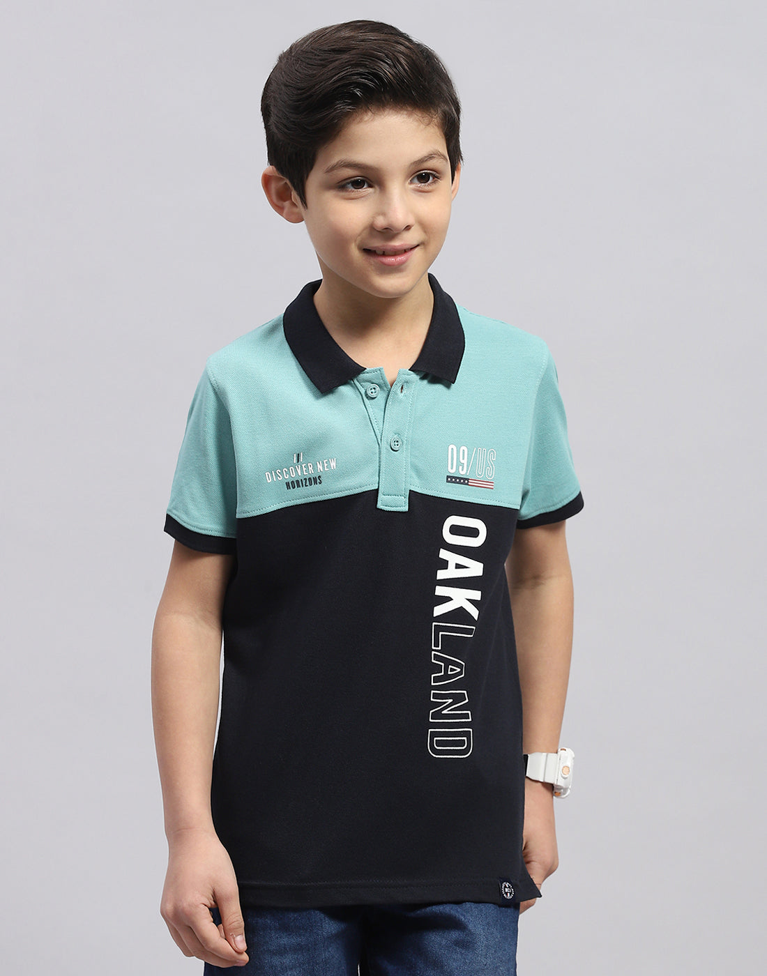 Boys Blue Printed Polo Collar Half Sleeve T-Shirt