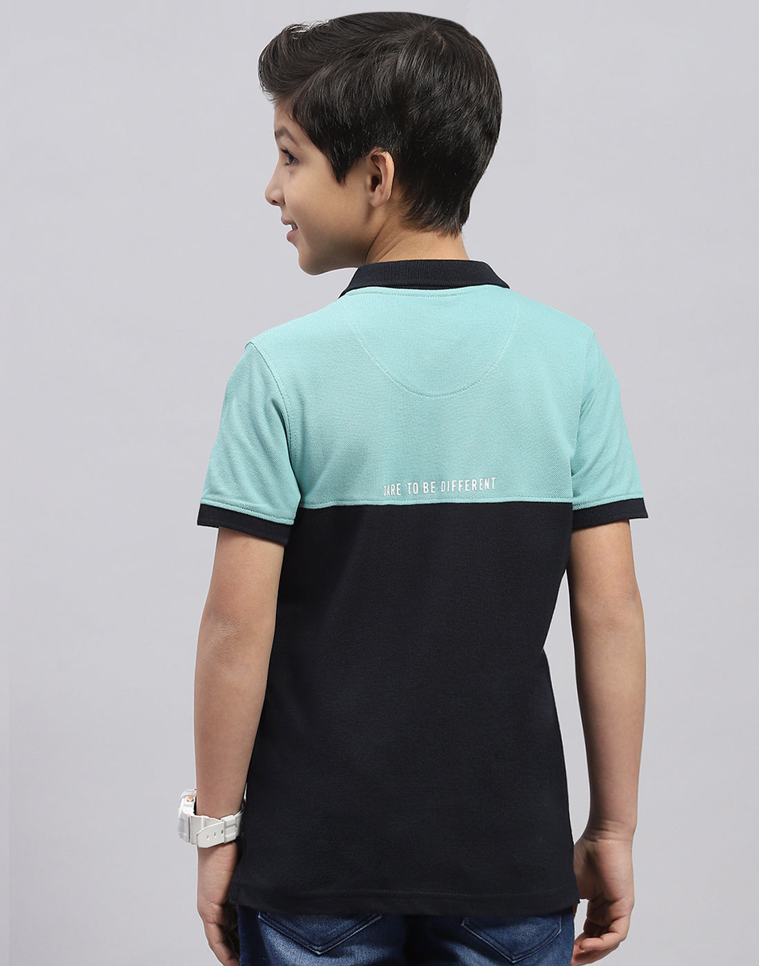 Boys Blue Printed Polo Collar Half Sleeve T-Shirt