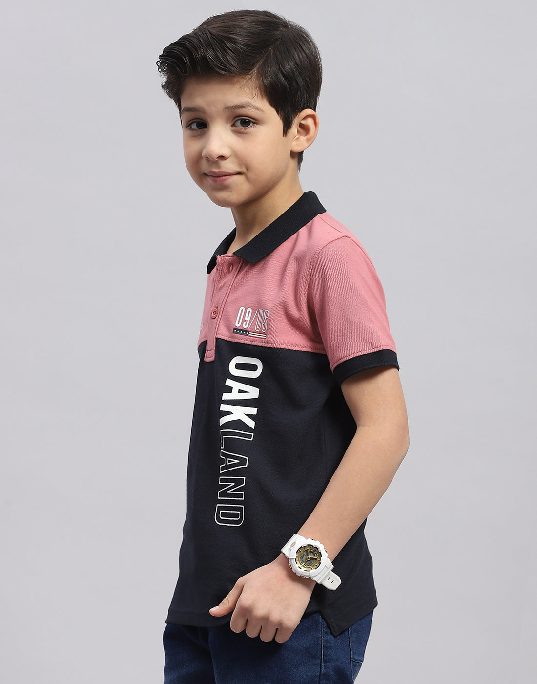 Boys Pink Printed Polo Collar Half Sleeve T-Shirt